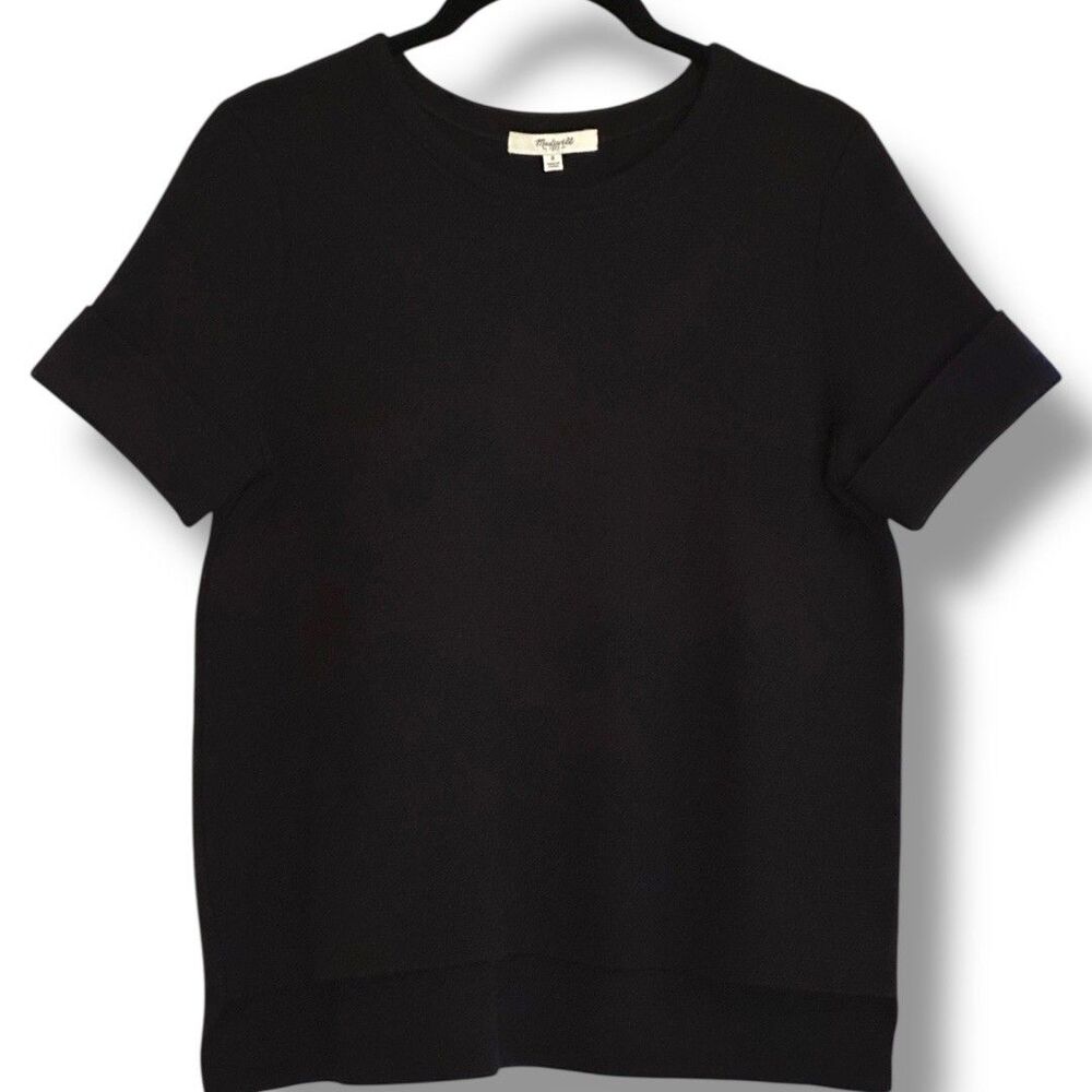 Madewell Women’s Cuffed Short Sleeve Wool Blend Sweater Black Small Hi Low Hem